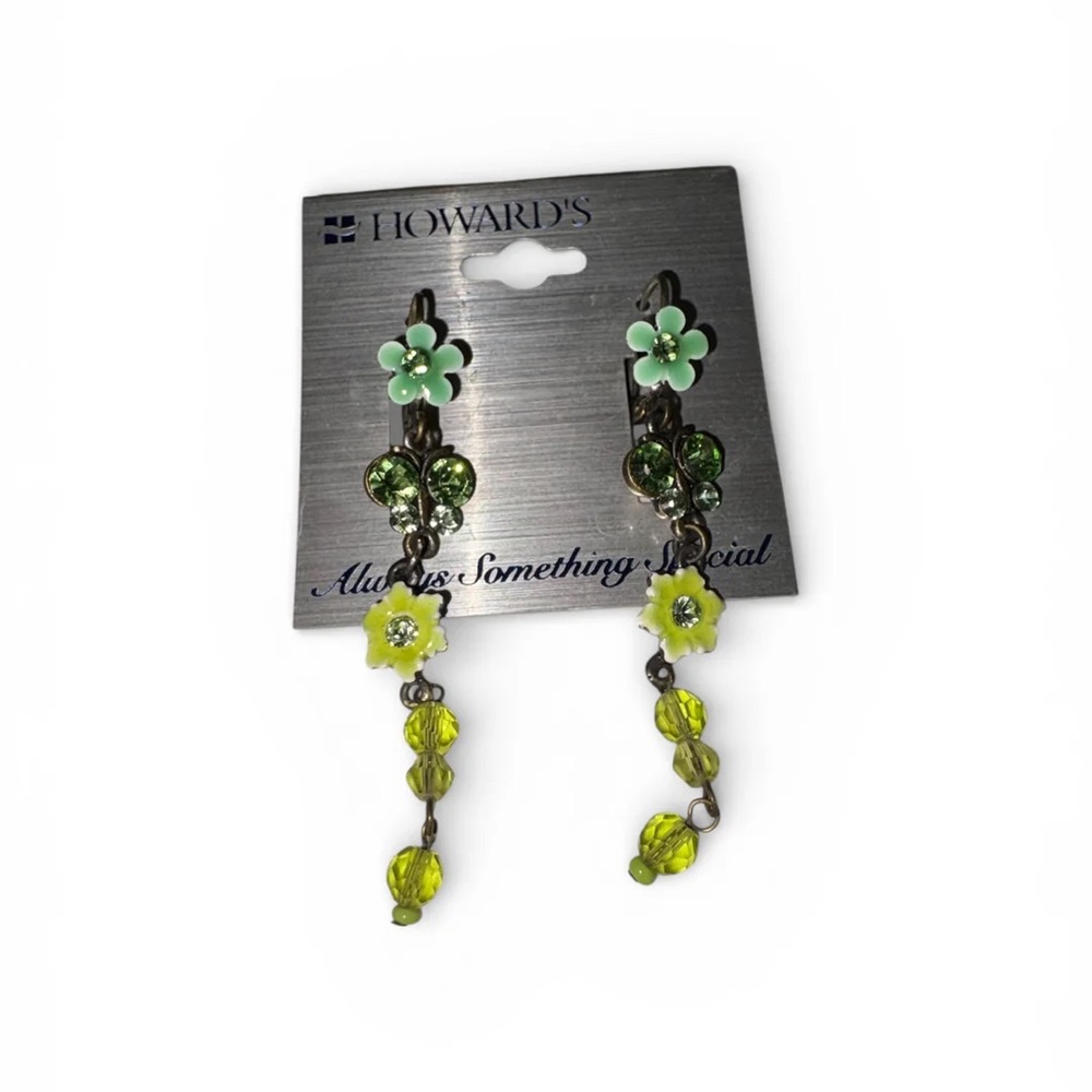 Vintage Copper Tone Floral Green Dangle Earrings